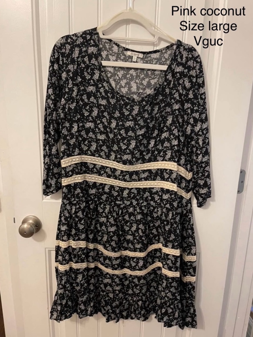 Black Floral Long-Sleeve Dress with Cream Lace Trim